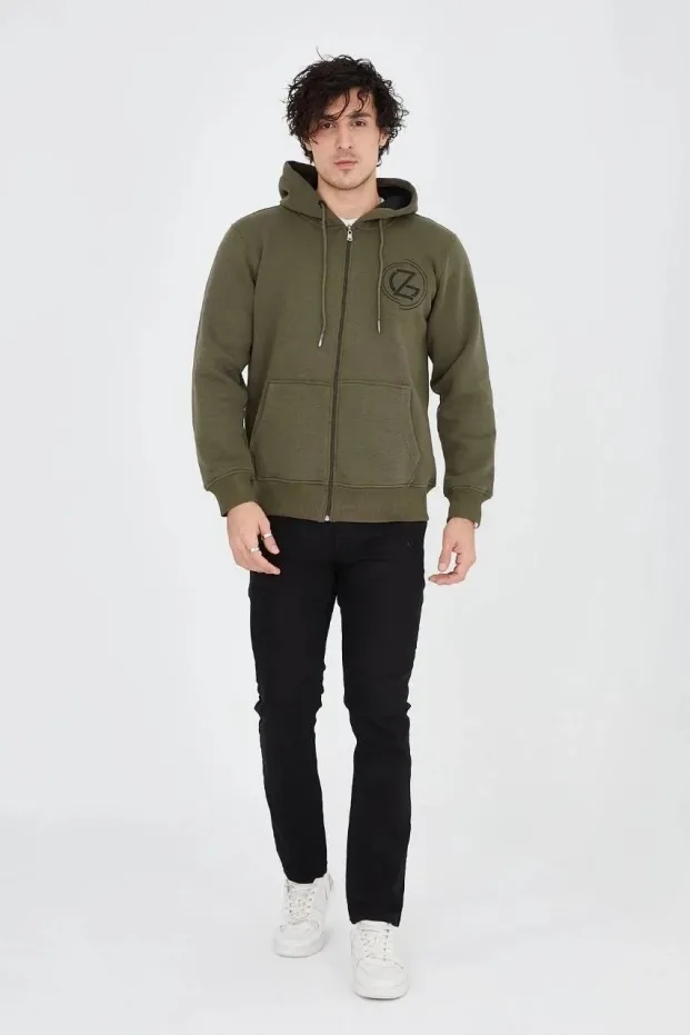 Erkek Yeşil 3 İplik Pamuklu Fermuarlı Kapüşonlu Baskılı Hoodie 1