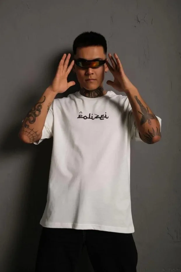 Bărbați Alb Oversize Guler Bicicletă Imprimat Tricou 2