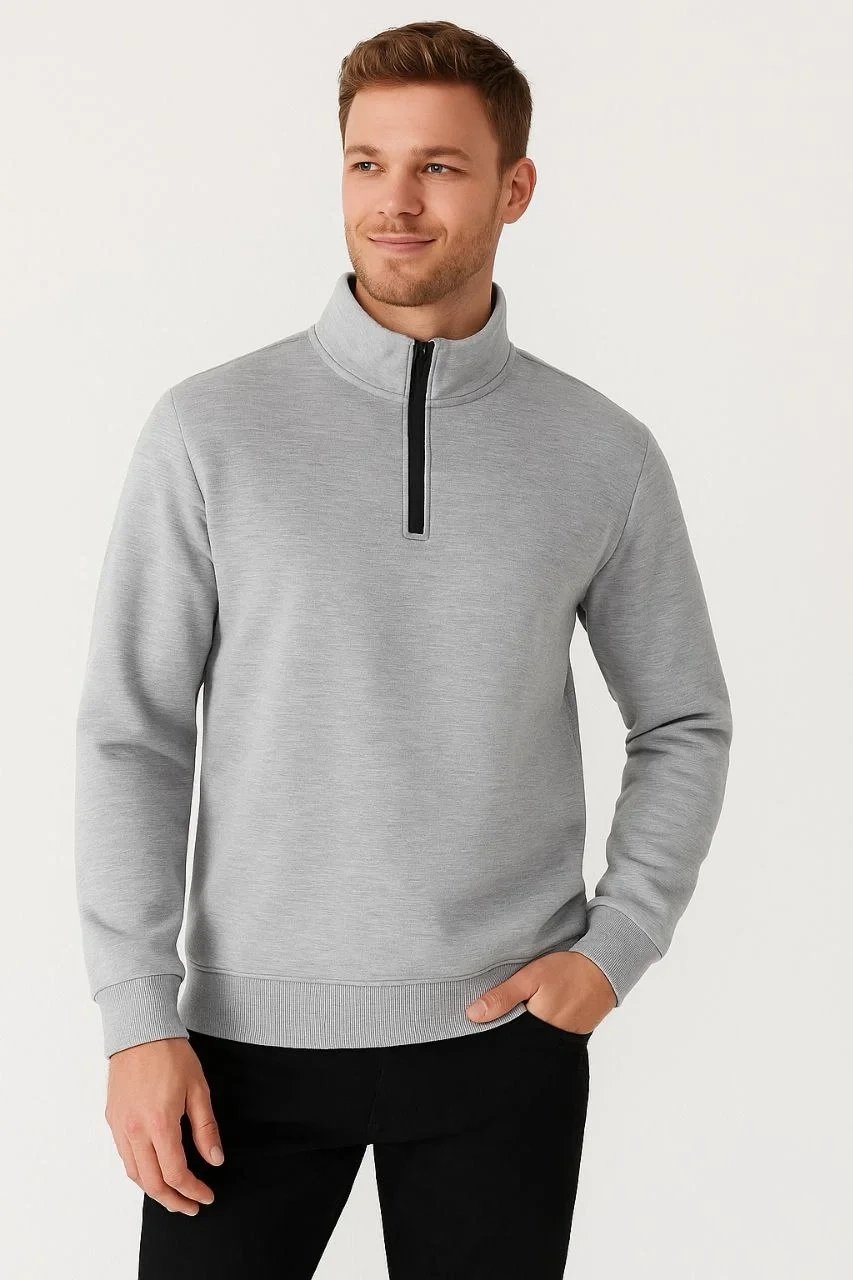Men's Gray Stand Collar Half-Zip 3-Thread Thick Cotton Sweatshirt 3