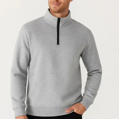 Pánský šedý stojáček s polovičním zipem, 3-nitní silný bavlněný sweatshirt 3