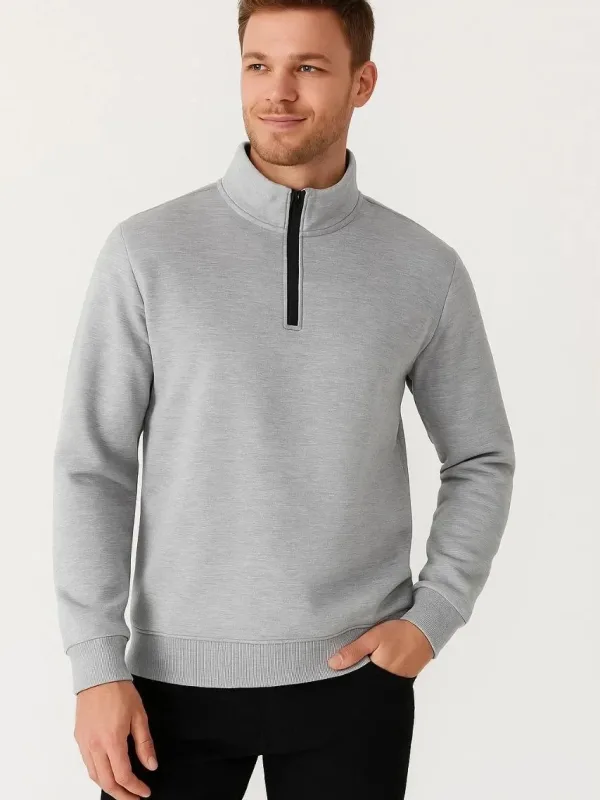 Pánský šedý stojáček s polovičním zipem, 3-nitní silný bavlněný sweatshirt 3