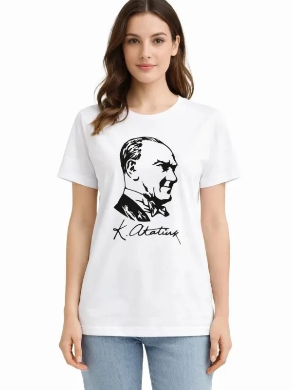 Női fehér kerékpárnyakú Atatürk nyomott póló 2