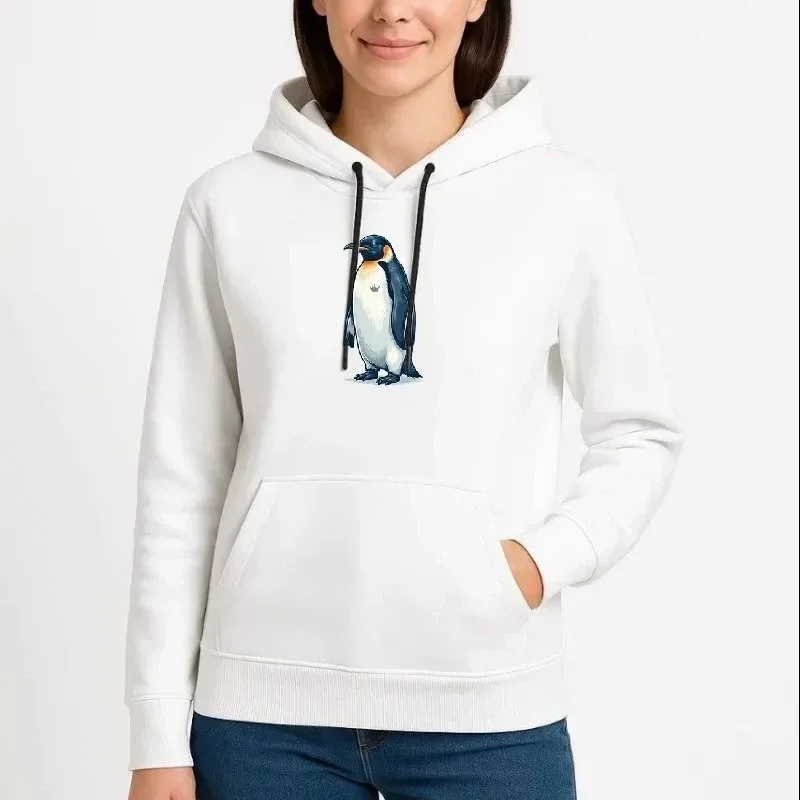 Jin Spî 3 Têl Pembû Survivor Penguen Çapkirî Kapşonlu Sweatshirt