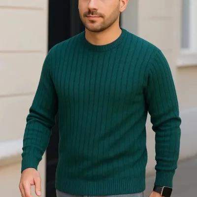 Pánský khaki regular fit žebrovaný cyklistický výstřih triko svetr 3