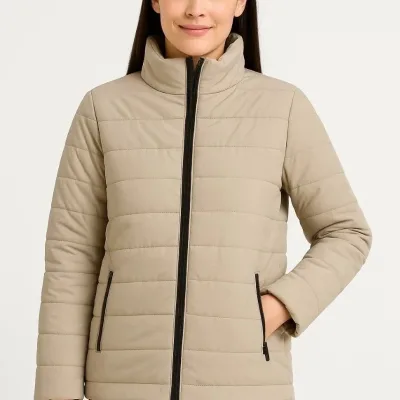 Women's Beige Waterproof Quilted Lined Zippered Bomber Jacket 5