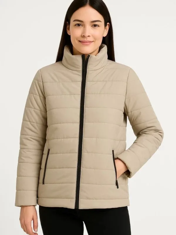 Women's Beige Waterproof Quilted Lined Zippered Bomber Jacket 5