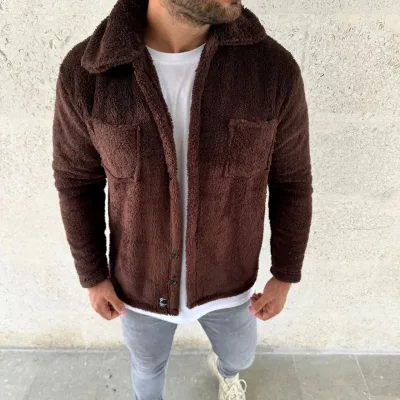 Men's Brown Plush Polar Shirt Collar Buttoned with Pockets Cardigan 2