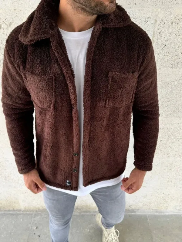 Men's Brown Plush Polar Shirt Collar Buttoned with Pockets Cardigan 2