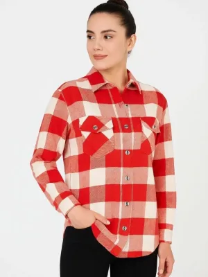 Women's Burgundy Plaid Pattern Long Sleeve Brushed Flannel Shirt