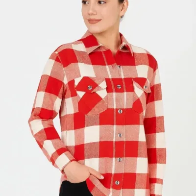 Women's Burgundy Plaid Pattern Long Sleeve Brushed Flannel Shirt 1