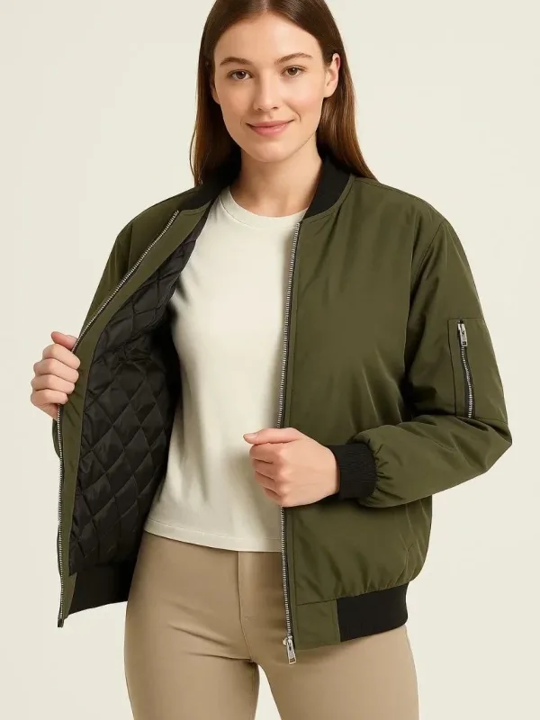 Dámská khaki bomber bunda s kapsami, prošívaná, podšitá a voděodolná 8