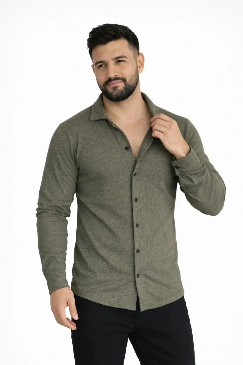 Męska Khaki Regular Fit Waffle Tkanina Guzikowa Otwarty Kołnierzyk Koszula