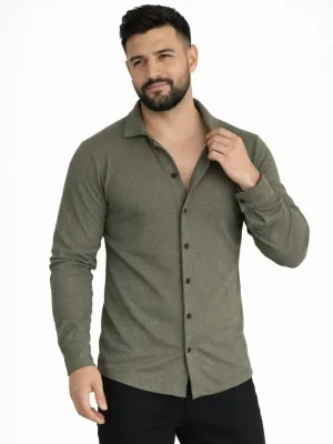 Ανδρικό Χακί Regular Fit Πουκάμισο με Waffle Ύφασμα, Κουμπιά και Ανοιχτό Γιακά
