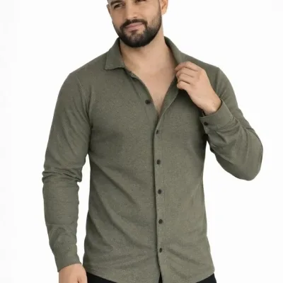 Męska Khaki Regular Fit Waffle Tkanina Guzikowa Otwarty Kołnierzyk Koszula 1