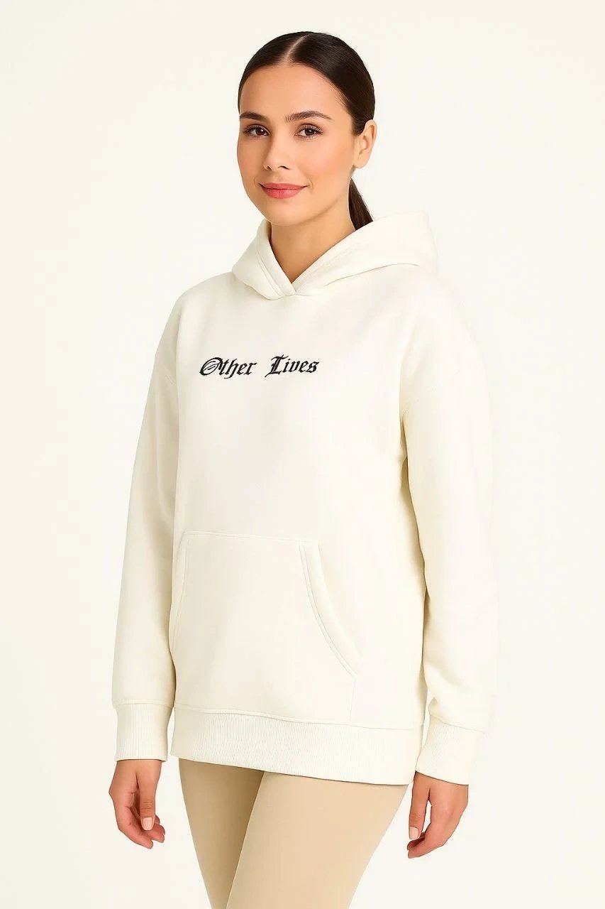 Dámský bílý 3-niťový bavlněný sweatshirt s kapucí, klokaní kapsou a potiskem 2