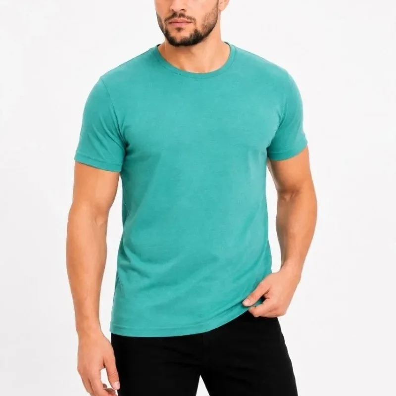 Мъжка тениска в цвят водно зелено, slim, кръгла яка, basic