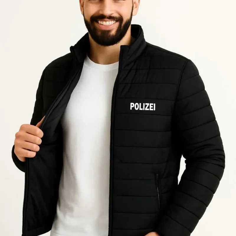 Pánská černá vodoodpudivá prošívaná bomber bunda s potiskem a zipem