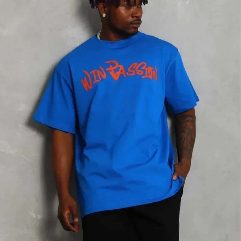 Men's Sax Blue Regular Crew Neck Printed T-Shirt