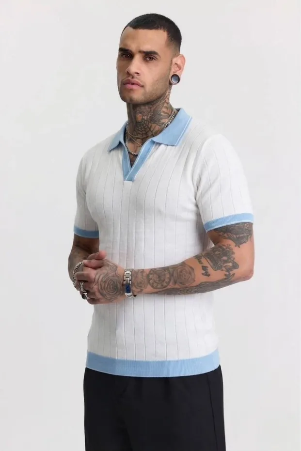 Biały męski toskańska dzianina basic krótki rękaw polo golfowy T-shirt 4