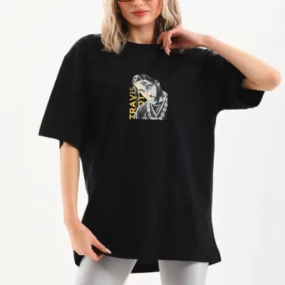 Ženski crni Oversize Bicikl izrez print Svakodnevna Majica 8