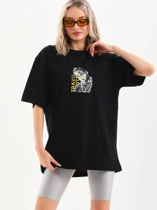 Ženski crni Oversize Bicikl izrez print Svakodnevna Majica 8