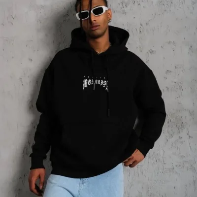 Sweatshirtê Mêran ê Reş ê Çapkirî yê Bi Kêl û Bêrikê Kangurû 2