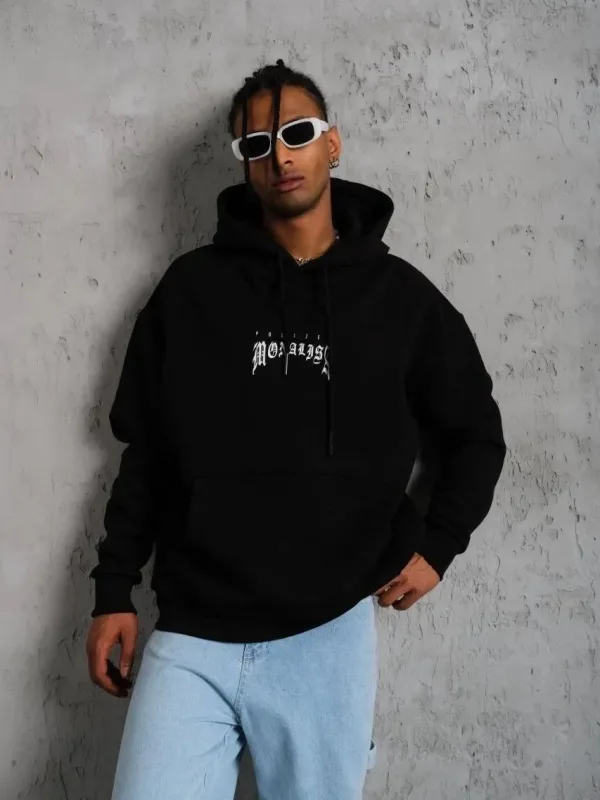 Sweatshirtê Mêran ê Reş ê Çapkirî yê Bi Kêl û Bêrikê Kangurû 2