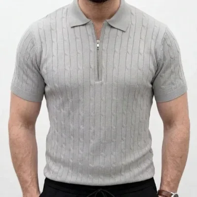 Men's Gray Braided Knit Short Sleeve Zippered Polo T-Shirt 5