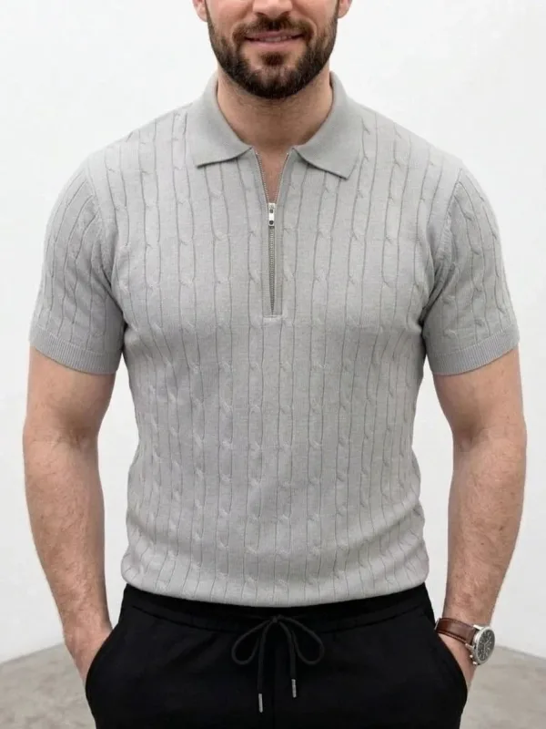 Men's Gray Braided Knit Short Sleeve Zippered Polo T-Shirt 5