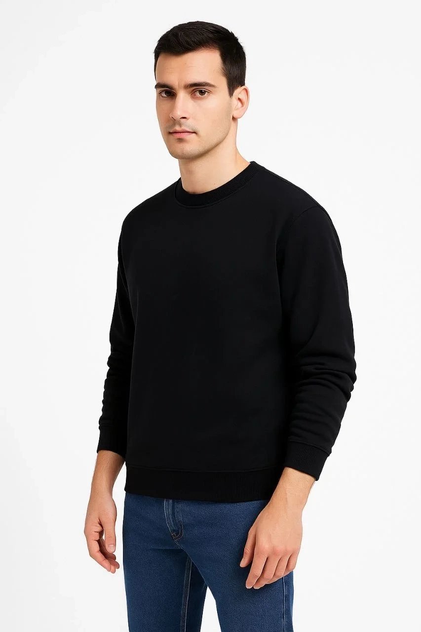 Men's Black 3-Thread Cotton Crew Neck Sweatshirt 1