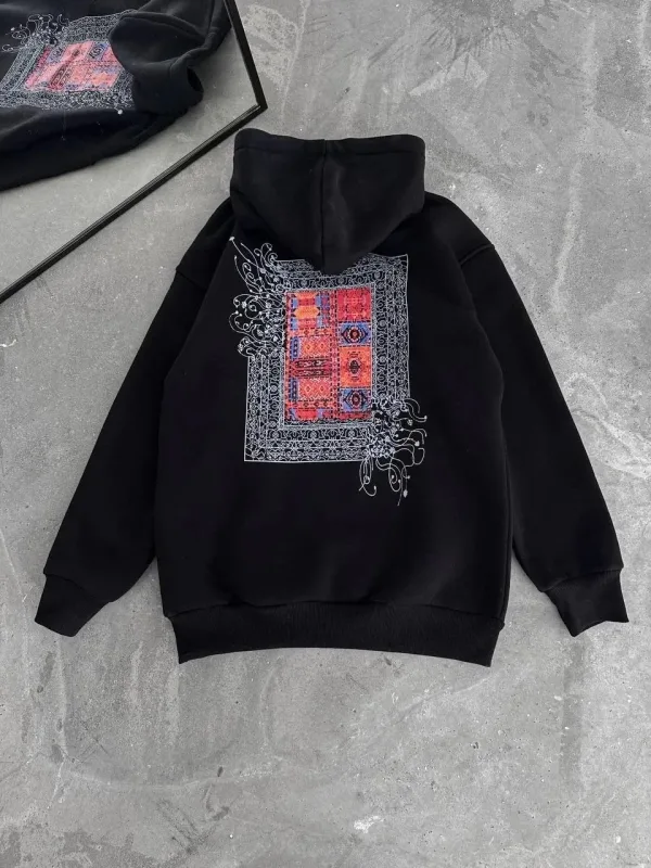 Jinê Reş 3 Têl Pembû Hoodî Bikapûşon Çapkirî Bi Cêbê Kangurû Sweatshirt 5