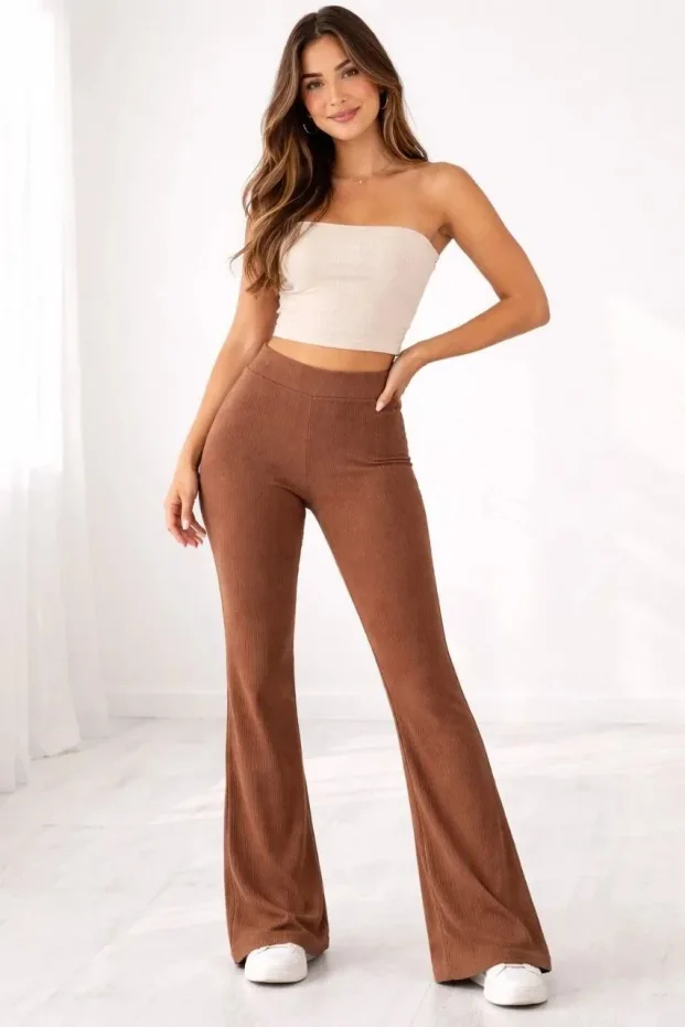 Női barna magas derekú bordázott spanyol nadrág leggings 2