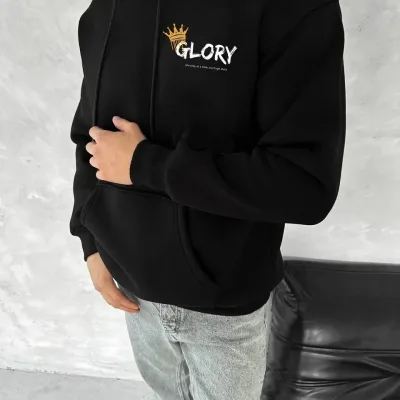 Bărbați Negru 3 Fire Bumbac Imprimat Cangur Buzunar Glugă Sweatshirt 1
