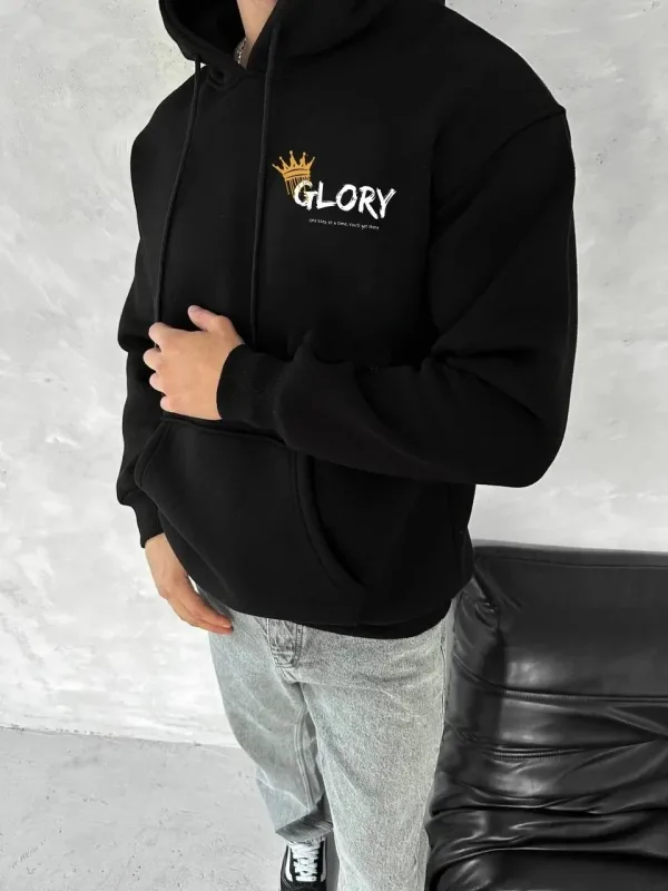 Bărbați Negru 3 Fire Bumbac Imprimat Cangur Buzunar Glugă Sweatshirt 1
