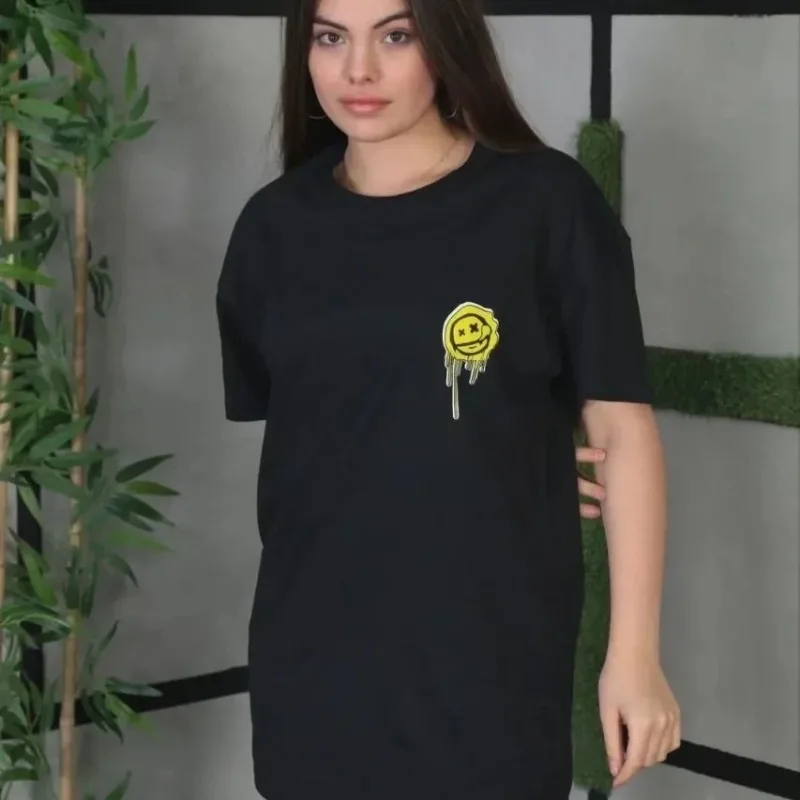 Γυναικείο Μαύρο Oversize Στρογγυλό Λαιμό Τυπωμένο Κοντό Μανίκι T-Shirt