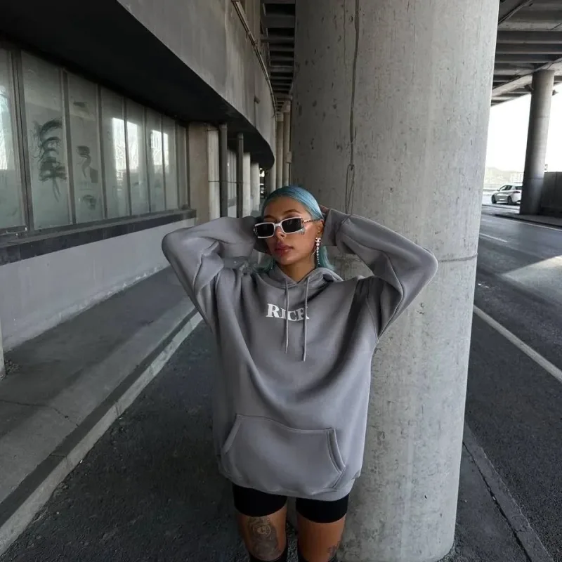 Femea Gri 3 Firă Bumbac Glugă Imprimat Sweatshirt