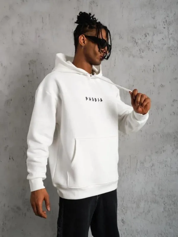 Sweatshirtê Mêran ê Spî Oversize 3 Têl Pembû Bi Kêl û Çentî 3