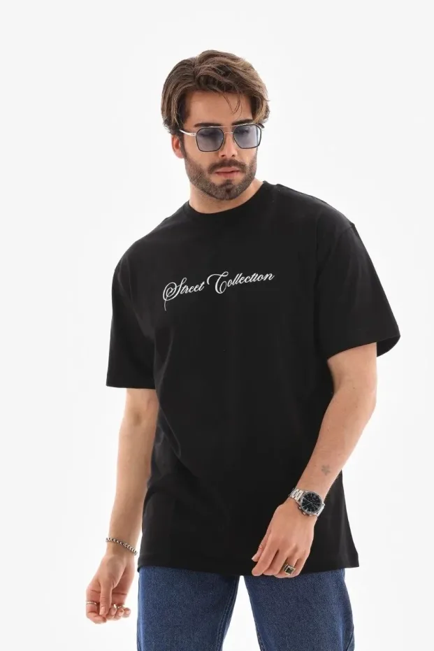 Muška crna oversized bicikli kragna štampana letnja majica 1