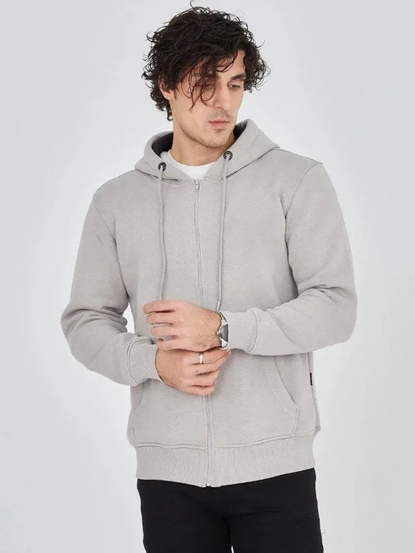 Men's Gray 3-Thread Cotton Zip-Up Hooded Kangaroo Pocket Hoodie 1