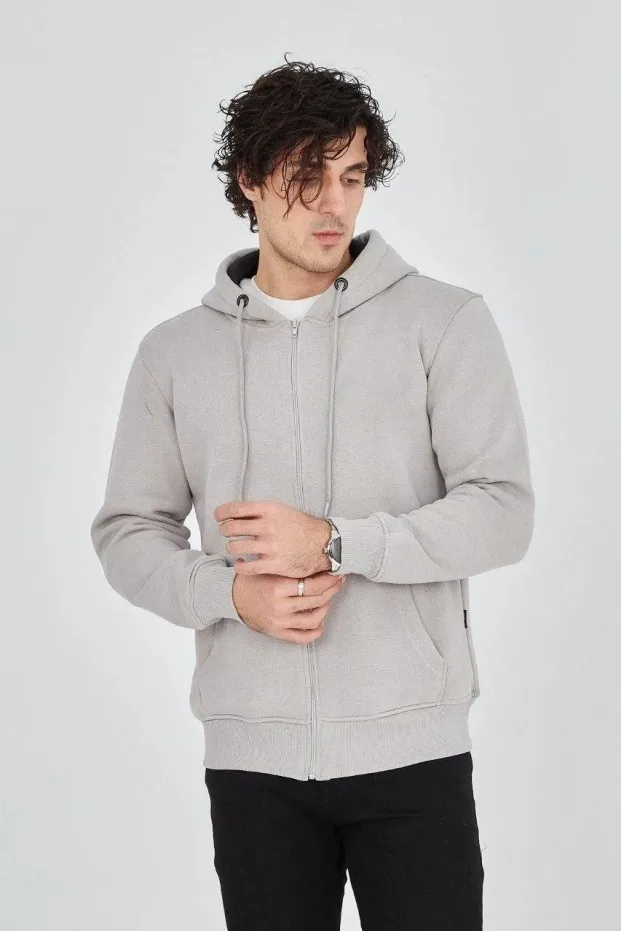 Erkek Gri 3 İplik Pamuklu Fermuarlı Kapüşonlu Kanguru Cepli Hoodie 1