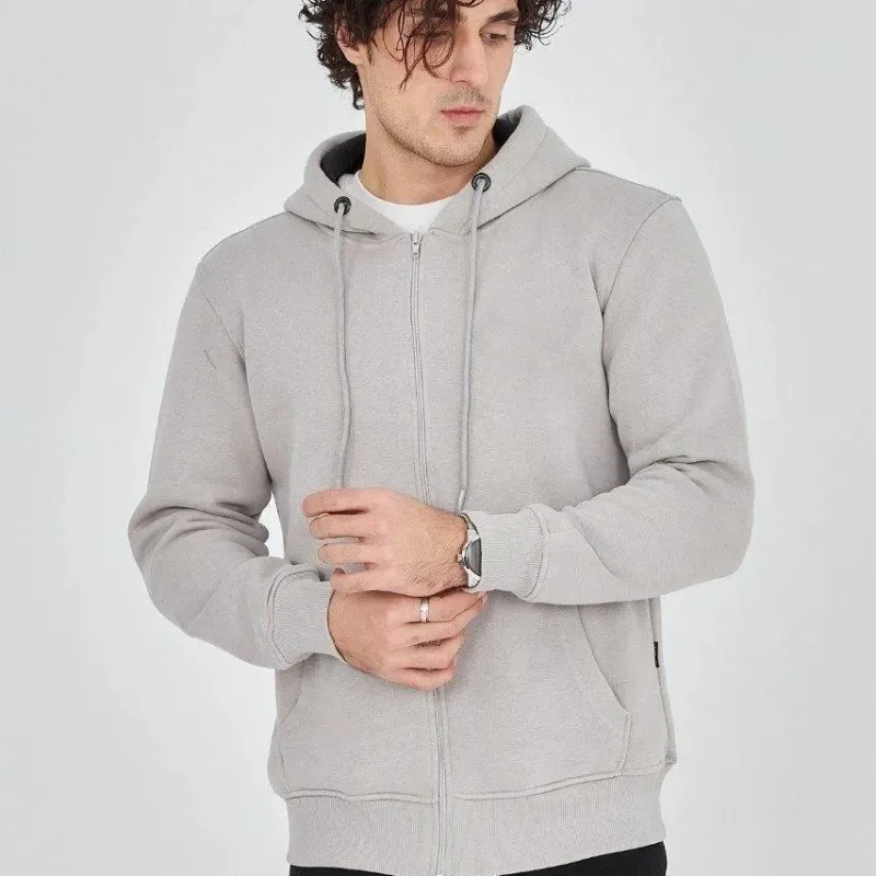 Men's Gray 3-Thread Cotton Zip-Up Hooded Kangaroo Pocket Hoodie