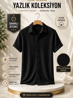 Μαύρο Ανδρικό Oversize Βαμβακερό Κοντό Μανίκι Ριμπέ Πουκάμισο