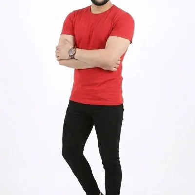 Férfi piros slim kerékpárnyakú rövid ujjú basic póló 2