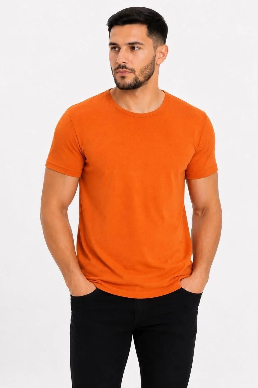 Pánské oranžové slim fit tričko s cyklistickým límcem, krátký rukáv, basic 1