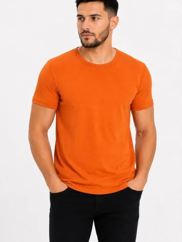 Erkek Turuncu Slim Fit Bisiklet Yaka Kısa Kol Basic Tişört