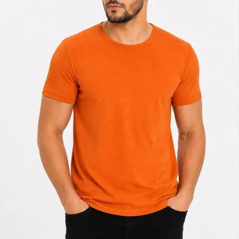 Erkek Turuncu Slim Fit Bisiklet Yaka Kısa Kol Basic Tişört
