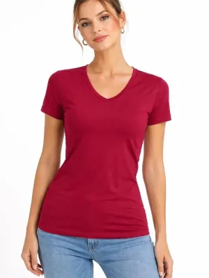 Női Póló V-nyakú Slim Fit Elasztános Póló Nyári Basic Body - Piros