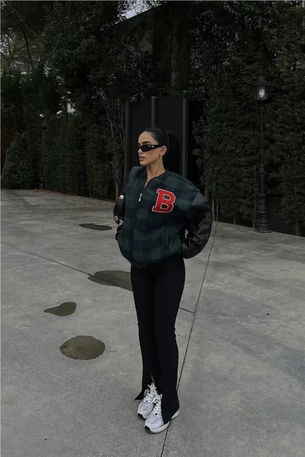 Kadın Haki Oversize Pötikare Nakışlı Kolej Ceket 1