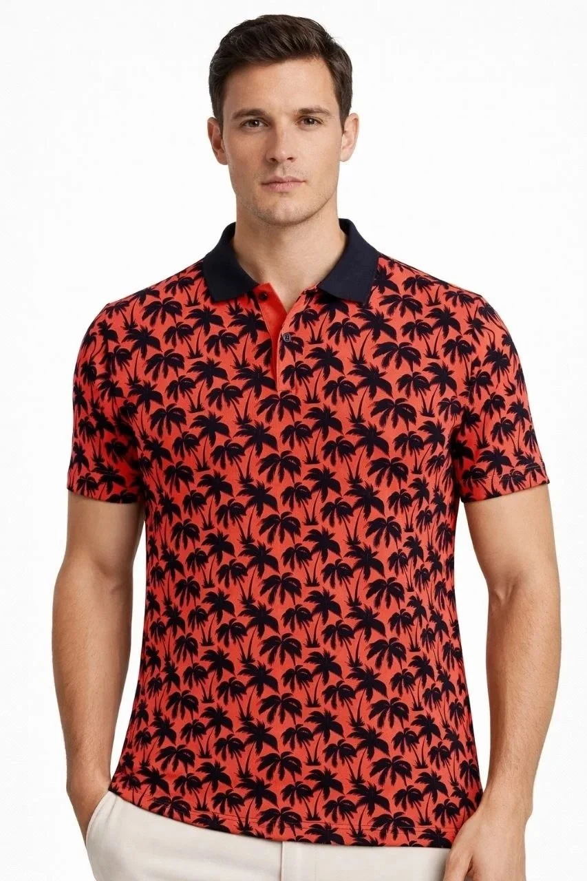 Man Red Pique Fabric Polo Collar Palm Patterned T-Shirt