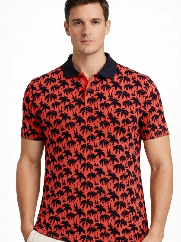 Man Red Pique Fabric Polo Collar Palm Patterned T-Shirt 1